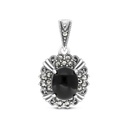 Sterling Silver 925 Pendant Embedded With Natural Black Agate And Marcasite Stones