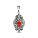 Sterling Silver 925 Pendant Embedded With Natural Aqiq And Marcasite Stones