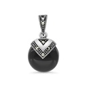 Sterling Silver 925 Pendant Embedded With Natural Black Agate And Marcasite Stones