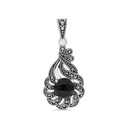 Sterling Silver 925 Pendant Embedded With Natural Black Agate And Marcasite Stones