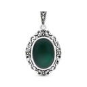 Sterling Silver 925 Pendant Embedded With Natural Green Agate And Marcasite Stones