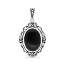 Sterling Silver 925 Pendant Embedded With Natural Black Agate And Marcasite Stones