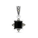 Sterling Silver 925 Pendant Embedded With Natural Black Agate And Marcasite Stones