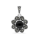 Sterling Silver 925 Pendant Embedded With Natural Black Agate And Marcasite Stones