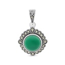 Sterling Silver 925 Pendant Embedded With Natural Green Agate And Marcasite Stones