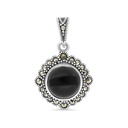 Sterling Silver 925 Pendant Embedded With Natural Black Agate And Marcasite Stones