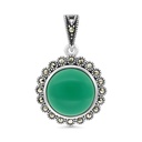 Sterling Silver 925 Pendant Embedded With Natural Green Agate And Marcasite Stones