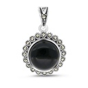 Sterling Silver 925 Pendant Embedded With Natural Black Agate And Marcasite Stones