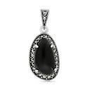 Sterling Silver 925 Pendant Embedded With Natural Black Agate And Marcasite Stones