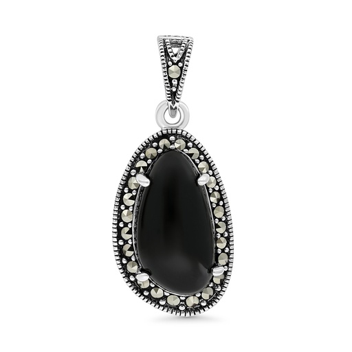 [PND04MAR00ONXA539] Sterling Silver 925 Pendant Embedded With Natural Black Agate And Marcasite Stones