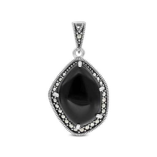 [PND04MAR00ONXA540] Sterling Silver 925 Pendant Embedded With Natural Black Agate And Marcasite Stones