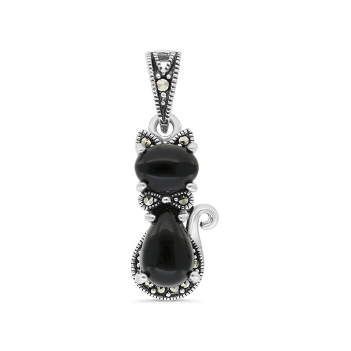 [PND04MAR00ONXA541] Sterling Silver 925 Pendant Embedded With Natural Black Agate And Marcasite Stones