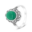 Sterling Silver 925 Ring Embedded With Natural Green Agate And Marcasite Stones