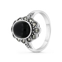 Sterling Silver 925 Ring Embedded With Natural Black Agate And Marcasite Stones