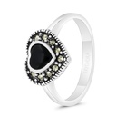 Sterling Silver 925 Ring Embedded With Natural Black Agate And Marcasite Stones