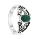 Sterling Silver 925 Ring Embedded With Natural Green Agate And Marcasite Stones