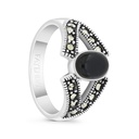 Sterling Silver 925 Ring Embedded With Natural Black Agate And Marcasite Stones