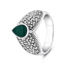 Sterling Silver 925 Ring Embedded With Natural Green Agate And Marcasite Stones