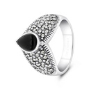 Sterling Silver 925 Ring Embedded With Natural Black Agate And Marcasite Stones