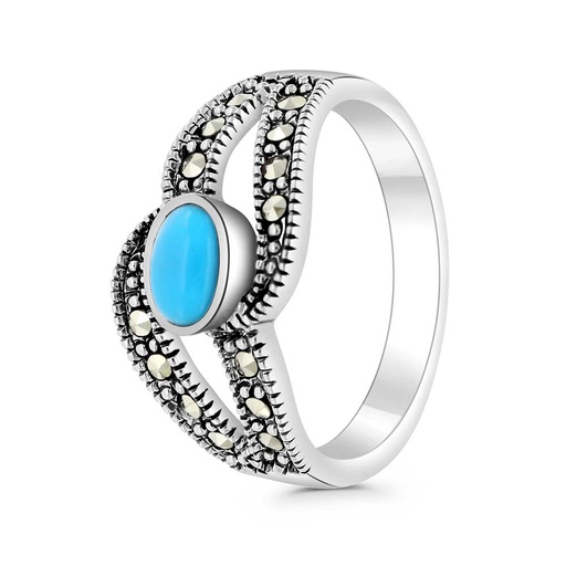 Sterling Silver 925 Ring Embedded With Natural Processed Turquoise And Marcasite Stones