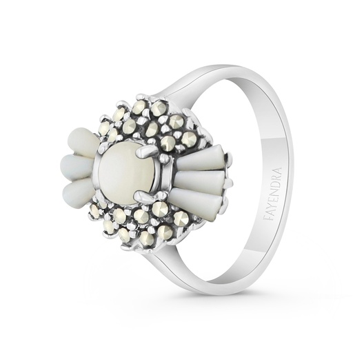 Sterling Silver 925 Ring Embedded With Natural White Shell And Marcasite Stones