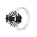 Sterling Silver 925 Ring Embedded With Natural Black Agate And Marcasite Stones