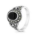 Sterling Silver 925 Ring Embedded With Natural Black Agate And Marcasite Stones