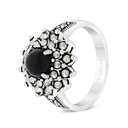 Sterling Silver 925 Ring Embedded With Natural Black Agate And Marcasite Stones