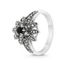 Sterling Silver 925 Ring Embedded With Natural Black Agate And Marcasite Stones