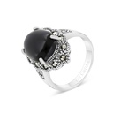 Sterling Silver 925 Ring Embedded With Natural Black Agate And Marcasite Stones