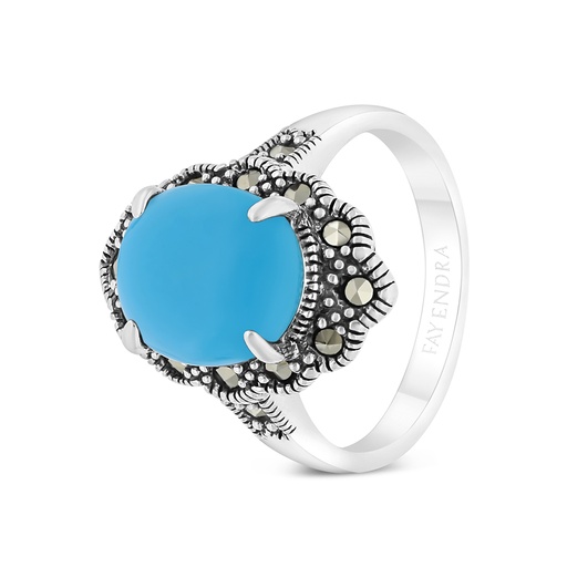 Sterling Silver 925 Ring Embedded With Natural Processed Turquoise And Marcasite Stones