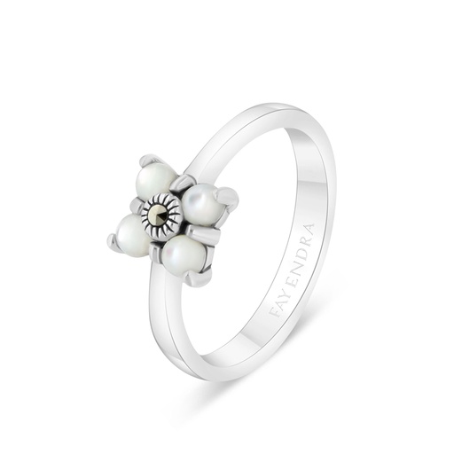 Sterling Silver 925 Ring Embedded With Natural White Shell And Marcasite Stones