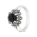 Sterling Silver 925 Ring Embedded With Natural Black Agate And Marcasite Stones