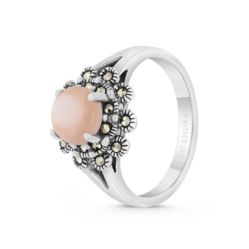 Sterling Silver 925 Ring Embedded With Natural Pink Shell And Marcasite Stones