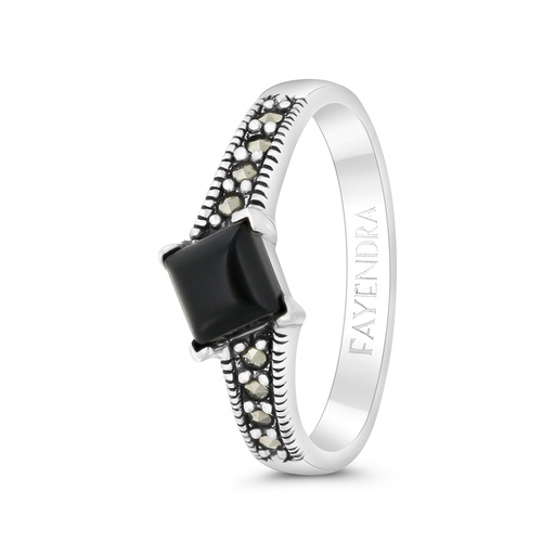 Sterling Silver 925 Ring Embedded With Natural Black Agate And Marcasite Stones
