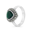 Sterling Silver 925 Ring Embedded With Natural Green Agate And Marcasite Stones