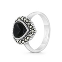 Sterling Silver 925 Ring Embedded With Natural Black Agate And Marcasite Stones