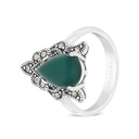 Sterling Silver 925 Ring Embedded With Natural Green Agate And Marcasite Stones