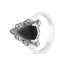 Sterling Silver 925 Ring Embedded With Natural Black Agate And Marcasite Stones