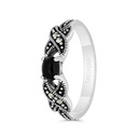 Sterling Silver 925 Ring Embedded With Natural Black Agate And Marcasite Stones