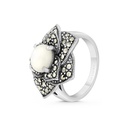 Sterling Silver 925 Ring Embedded With Natural White Shell And Marcasite Stones