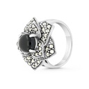 Sterling Silver 925 Ring Embedded With Natural Black Agate And Marcasite Stones