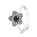 Sterling Silver 925 Ring Embedded With Natural Black Agate And Marcasite Stones