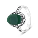 Sterling Silver 925 Ring Embedded With Natural Green Agate And Marcasite Stones