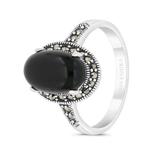 Sterling Silver 925 Ring Embedded With Natural Black Agate And Marcasite Stones