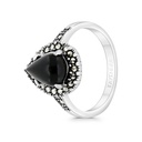 Sterling Silver 925 Ring Embedded With Natural Black Agate And Marcasite Stones