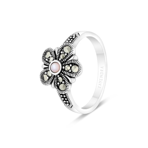Sterling Silver 925 Ring Embedded With Natural Pink Shell And Marcasite Stones