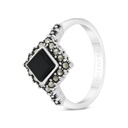 Sterling Silver 925 Ring Embedded With Natural Black Agate And Marcasite Stones