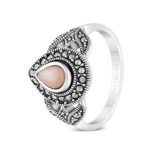 Sterling Silver 925 Ring Embedded With Natural Pink Shell And Marcasite Stones