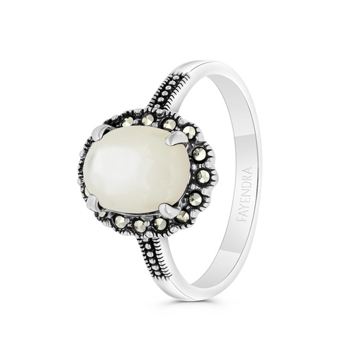 Sterling Silver 925 Ring Embedded With Natural White Shell And Marcasite Stones
